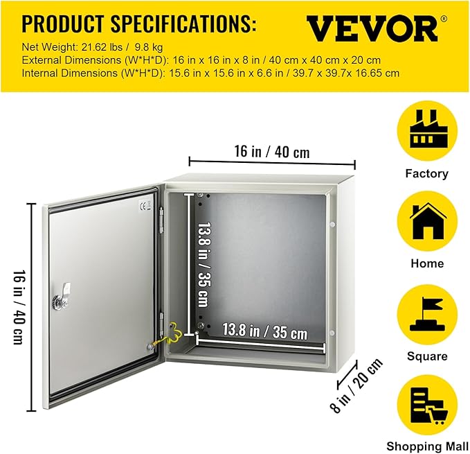VEVOR NEMA Steel Enclosure, 16 x 16 x 8'' NEMA 4X Steel Electrical Box, IP66 Waterproof & Dustproof, Outdoor/Indoor Electrical Junction Box, with Mounting Plate
