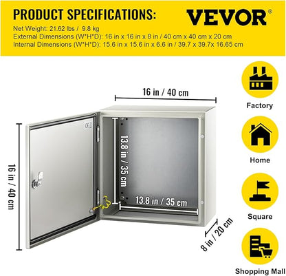 VEVOR NEMA Steel Enclosure, 16 x 16 x 8'' NEMA 4X Steel Electrical Box, IP66 Waterproof & Dustproof, Outdoor/Indoor Electrical Junction Box, with Mounting Plate