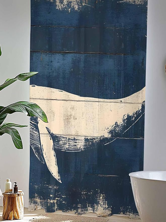 Sheer Curtains 84 Inches Long, Ocean Whale Blue Semi Sheer Curtains Light Filtering Window Treatment, Summer Coastal Vintage Wood Grain Privacy Voile Drapes for Living Room Bedroom 52x84 Inch