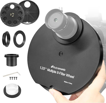Astromania Telescope Filter Drawer, Multiple 9-Position Filter Wheel Holder for Telescope with T-Adapter, Telescope Accessories Compatible with 1.25 Inch Filters for Planetary Moon Nebula Observation
