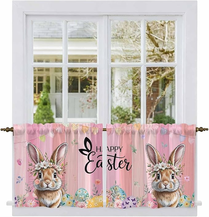 Easter Tier Curtains, Spring Rabbit Eggs Flowers Flags Leaves Wood Grain Light Filtering Kitchen Curtains, 2Pcs Rod Pocket Half Window Treatments Panels for Sink Cafe Cabinet Camper 27.5x24 Inches
