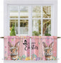 Easter Tier Curtains, Spring Rabbit Eggs Flowers Flags Leaves Wood Grain Light Filtering Kitchen Curtains, 2Pcs Rod Pocket Half Window Treatments Panels for Sink Cafe Cabinet Camper 27.5x24 Inches