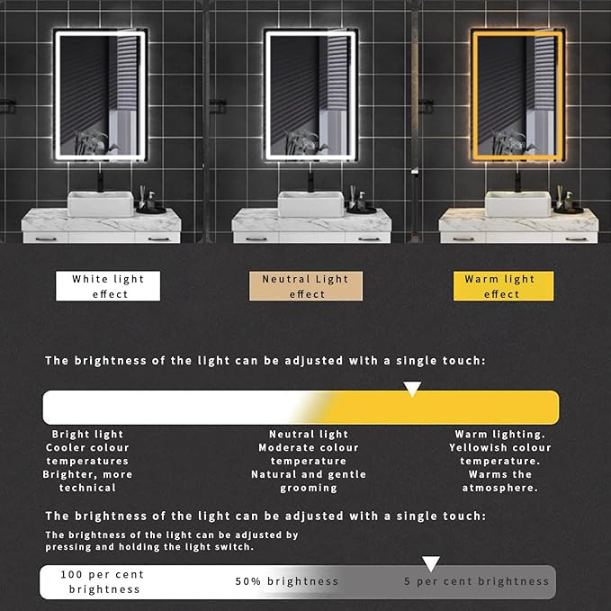 500 X800 mm Illuminated Backlit LED Bathroom Mirror, Wall Mounted Multifunction Bathroom Vanity Mirror with Lights and Demister Pad, Energy-Saving Illuminated Smart Mirror