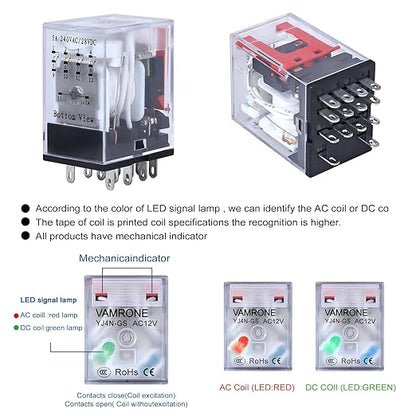 Electromagnetic Power Relay, 14-Pin 5 AMP 12V AC Relay Coil with Socket Base, LED Indicator, 4PDT 4NO 4NC - MY4NJ [Applicable for DIN Rail System]