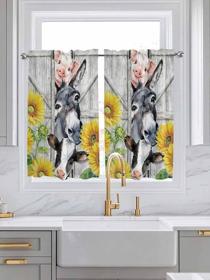 Farmhouse Kitchen Curtains 54 Inches length, Watercolor Sunflowers Animals Printed Wood Grain Window Treatment Curtain Drapes, Decorative Window Curtains for Bedroom Cafe, 52"x54", 2 Panels