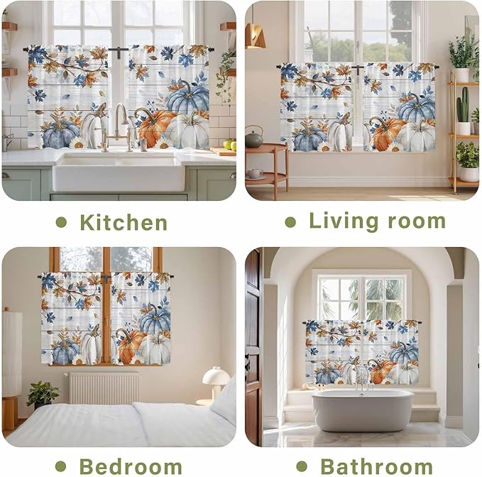 Thanksgiving Pumpkin Kitchen Curtains 54 Inch Long 2 Panel Set, Rod Pocket Window Curtains Panels, Fall Maple Leaf Daisy Wooden Grain Light Filtering Privacy Draperies for Bedroom Laundry 42"W x 54"L