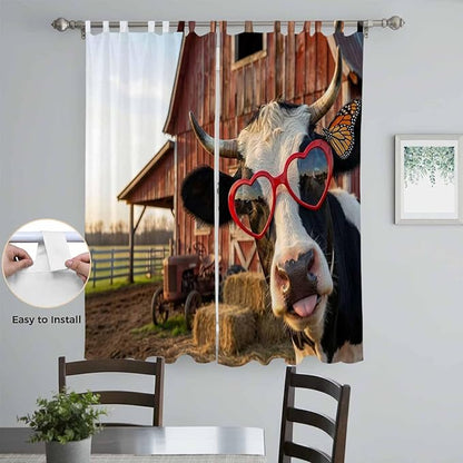 Farm Cows Living Room Curtains 84 Inch Length, Window Curtains Tab Top, Farmhouse Barn Funny Animals Butterfly Light Filtering Window Treatments Drapes 52"x84" 2 Panel