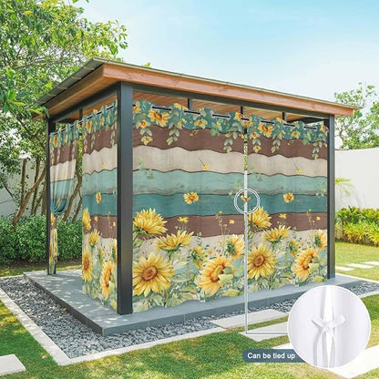Sunflowers Outdoor Curtains for Patio Summer Floral Eucalyptus Leaves Vintage Wood Waterproof Outside Curtains with Grommet Top Weatherproof Curtain for Cabana Pergola Gazebo, 2 Pack, 54" W x 108" L