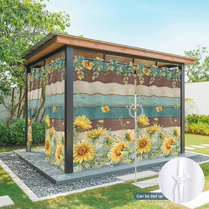 Sunflowers Outdoor Curtains for Patio Summer Floral Eucalyptus Leaves Vintage Wood Waterproof Outside Curtains with Grommet Top Weatherproof Curtain for Cabana Pergola Gazebo, 1 Panel, 54" W x 95" L
