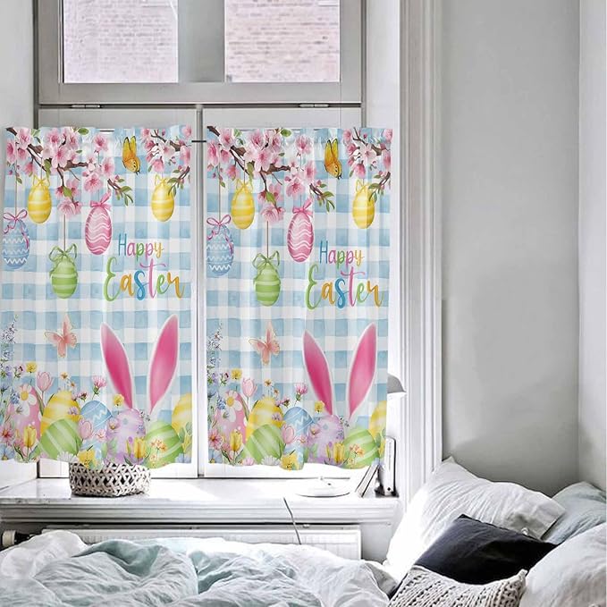 Happy Easter Tier Curtains 45 Inches Long, Spring Watercolor Bunny Eggs Flower Blue Plaid Window Treatment Curtain Drapes, Window Half Privacy Curtains for Bedroom Bathroom, 42"x45", 2 Panels