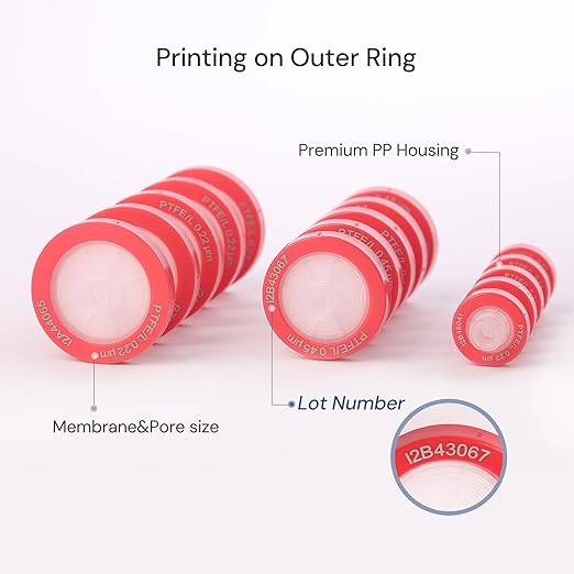 100 Pack Syringe Filter PTFE hydrophilic Lab Filters 0.45μm Pore Size 13mm Diameter Filtration Non-sterile Red
