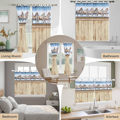 Western Horse Kitchen Curtains 24 Inch Length, Small Window Curtains Tab Top, Farmhouse Wooden Grain Vintage Cowboy Barn Door Light Filtering Short Window Treatments Tier Drapes 27.5"x24" 2 Panel