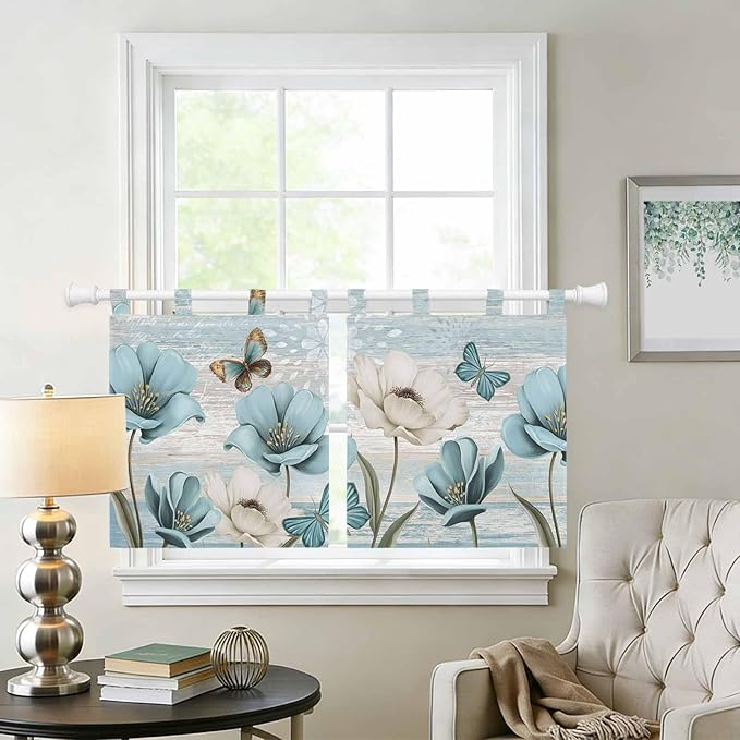 Spring Floral Kitchen Curtains 24 Inch Length, Small Window Curtains Tab Top, Vintage Tulips Flower Butterfly Retro Wood Blue Light Filtering Short Window Treatments Tier Drapes 27.5"x24" 2 Panel