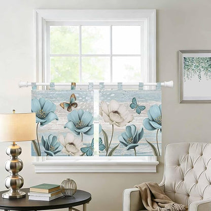 Spring Floral Kitchen Curtains 36 Inch Length, Small Window Curtains Tab Top, Vintage Tulips Flower Butterfly Retro Wood Blue Light Filtering Short Window Treatments Tier Drapes 27.5"x36" 2 Panel