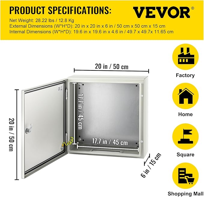 VEVOR NEMA Steel Enclosure, 20 x 20 x 6'' NEMA 4X Steel Electrical Box, IP66 Waterproof & Dustproof, Outdoor/Indoor Electrical Junction Box, with Mounting Plate
