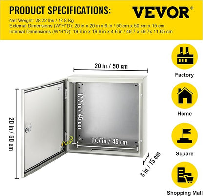 VEVOR NEMA Steel Enclosure, 20 x 20 x 6'' NEMA 4X Steel Electrical Box, IP66 Waterproof & Dustproof, Outdoor/Indoor Electrical Junction Box, with Mounting Plate