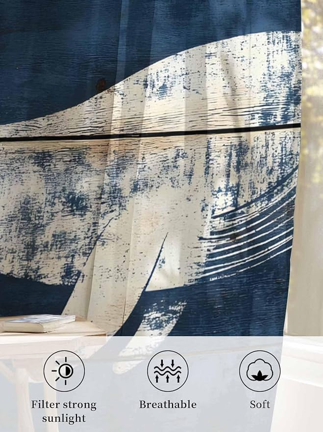 Sheer Curtains 84 Inches Long, Ocean Whale Blue Semi Sheer Curtains Light Filtering Window Treatment, Summer Sea Vintage Wooden Grain Privacy Voile Drapes for Living Room Bedroom 52x84 Inch