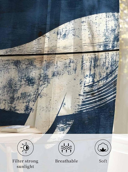 Sheer Curtains 54 Inch Length, Ocean Whale Blue Semi Sheer Curtains Light Filtering Window Treatment, Summer Sea Vintage Wooden Grain Privacy Voile Drapes for Living Room Bedroom 52x54 Inch