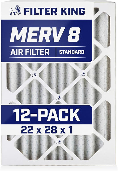 Filter King 22x28x1 Air Filter | 12-PACK | MERV 8 HVAC Pleated A/C Furnace Filters | MADE IN USA | Actual Size: 22 x 28 x .75"