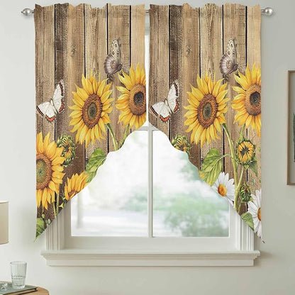 Farmhouse Sunflowers Swag Valances for Windows, Rustic Floral Buttterfly Wood Board Brown Rod Pocket Kitchen Curtains Valance, Kitchen Window Curtains Swag for Cafe Living Room, 2 Panels, 36x45 inch
