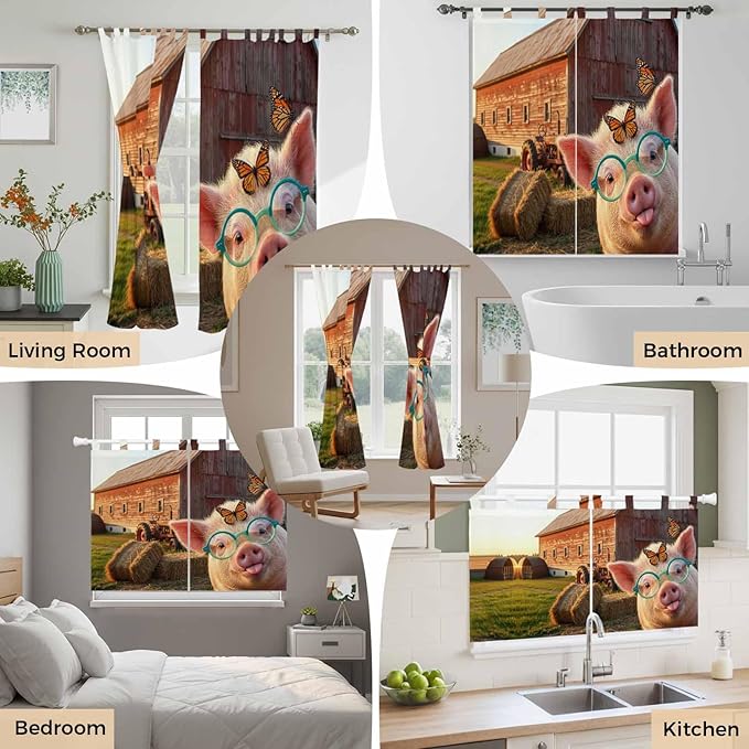 Farm Pig Kitchen Curtains 36 Inch Length, Small Window Curtains Tab Top, Farmhouse Barn Funny Animals Butterfly Light Filtering Short Window Treatments Tier Drapes 27.5"x36" 2 Panel