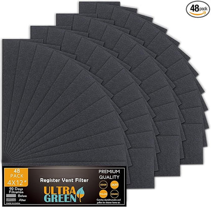 4x12 Inch Air Vent Filters Thickened 48-Pack Activated Charcoal, Carbon Filter Premium Floor Pre-Filter Work in Indoor Home Purifier, Air Conditioner 4" x 12" (Black) ULTRA GREEN