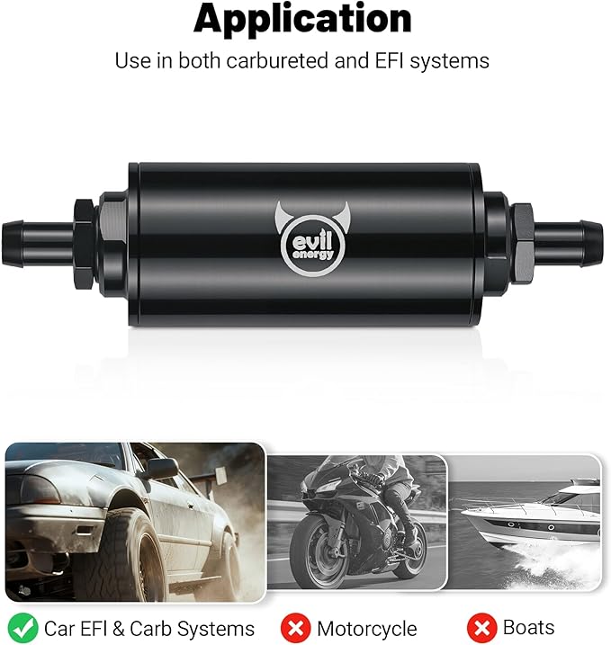 EVIL ENERGY Inline Fuel Filter 30 Micron with Barb 1/2", 3/8", 5/16" Fitting Adapter 60MM Universal Aluminum Black, for Gasoline, Diesel, Rubber Fuel Line, Car EFI & Carb Fuel Systems