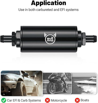 EVIL ENERGY Inline Fuel Filter 40 Micron with Barb 1/2", 3/8", 5/16" Fitting Adapter 60MM Universal Aluminum Black, for Gasoline, Diesel, Rubber Fuel Line, Car EFI & Carb Fuel Systems