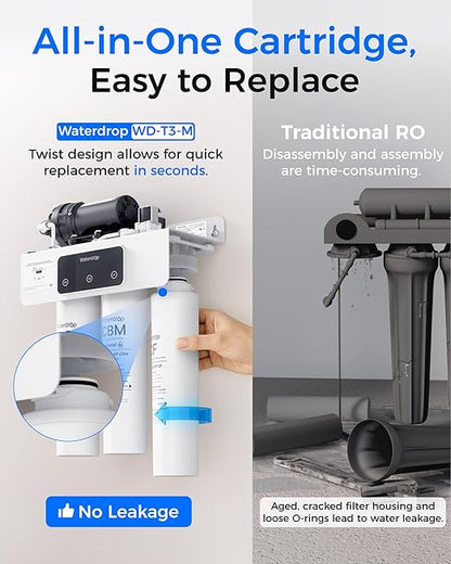 Waterdrop WD-T3-M Remineralization Reverse Osmosis Water Filter, NSF/ANSI 372 Certified, 9-Stage Undersink RO System, 450G Tankless RO Water Filtration System, 2:1 Pure to Drain, Plug-in Required