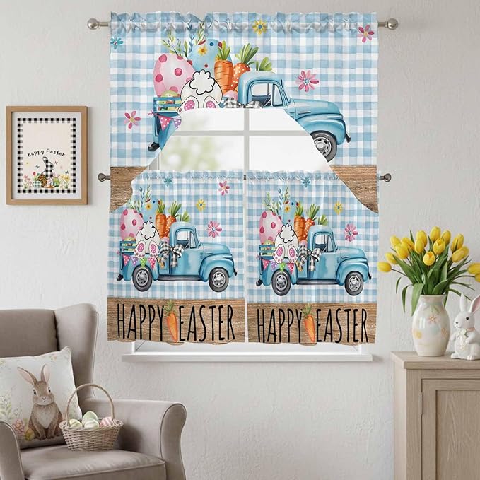 Swag Valance Curtains, Easter Truck with Rabbit Eggs Carrot Rod Pocket Valances Swag Topper for Kitchen Windows, Wood Barn and Blue Checker Light Filtering Short Curtain for Bedroom Bathroom 56x36In