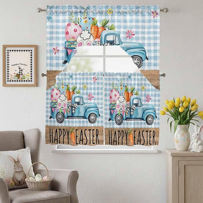 Swag Valance Curtains, Easter Truck with Rabbit Eggs Carrot Rod Pocket Valances Swag Topper for Kitchen Windows, Wood Barn and Blue Checker Light Filtering Short Curtain for Bedroom Bathroom 56x36In