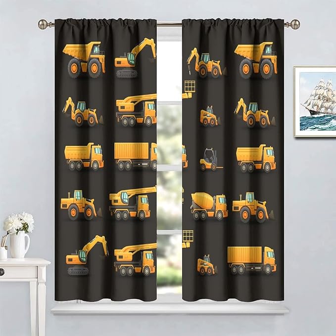 Kids Construction Window Curtains, Construction Machinery Equipment Mode of Transport Bulldozer Tractor Windows Curtain for Children Teens Room Decor 63x63in (30% Blackout)