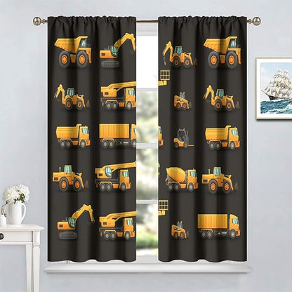 Kids Construction Window Curtains, Construction Machinery Equipment Mode of Transport Bulldozer Tractor Windows Curtain for Children Teens Room Decor 63x63in (30% Blackout)