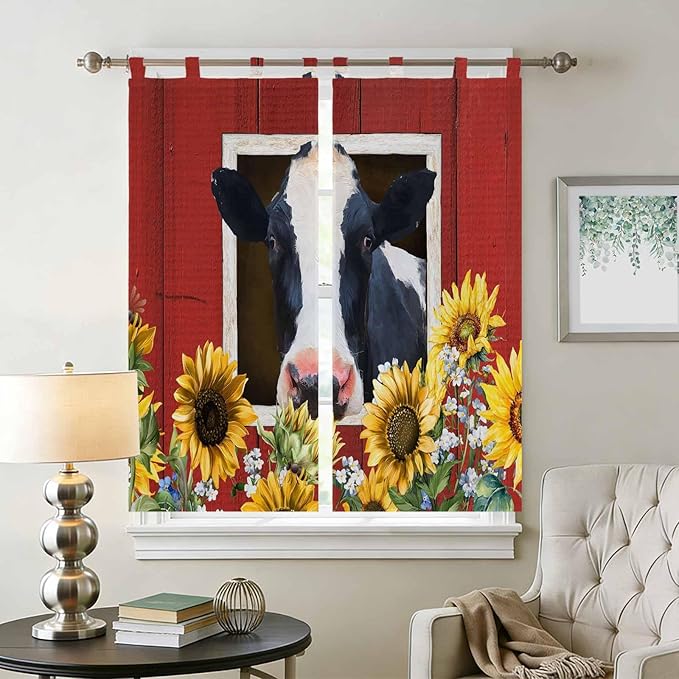 Cow Sunflowers Bathroom Curtains 63 Inch Length, Window Curtains Tab Top, Botanical Floral Leaves Bees Farm Barn Light Filtering Window Treatments Drapes 52"x63" 2 Panel