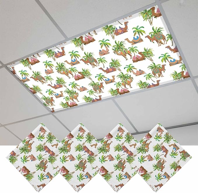 Fluorescent Light Covers for Ceiling Lights Deserts Camels Magnetic Light Filters 4 Pack 4x2 ft Southwest Date Trees Ceiling Lights Cover for Classroom Office School Home Drop Lamp Decor