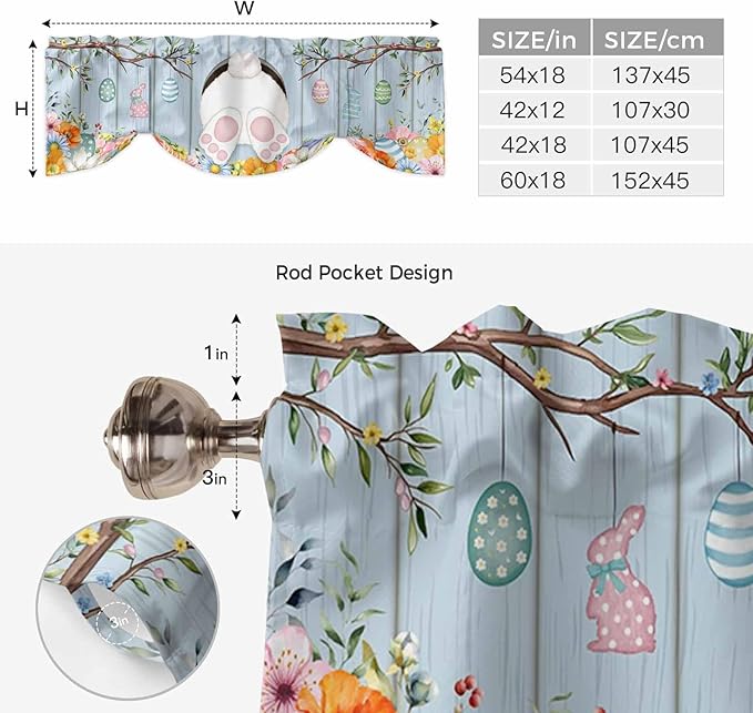 Easter Tie Up Valance Curtains for Windows, Kitchen Curtains Window Shades, Spring Watercolor Bunny Eggs Flower Wood Grain Blue Light Filtering Roman Curtain Valances for Bedroom/Bathroom/Cafe 60"x18"