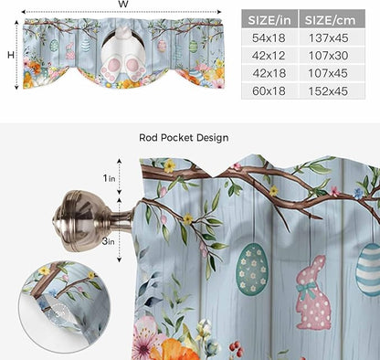 Easter Tie Up Valance Curtains for Windows, Kitchen Curtains Window Shades, Spring Watercolor Bunny Eggs Flower Wood Grain Blue Light Filtering Roman Curtain Valances for Bedroom/Bathroom/Cafe 60"x18"