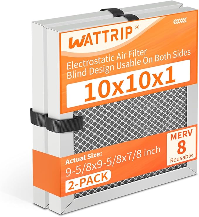 2-Pack 10x10x1 MERV 8 Reusable & Washable Electrostatic Air Filters - Long-Lasting Filter for HVAC, Furnace & Air Conditioner Units, Actual Size: 9-5/8” x 9-5/8” x 7/8”