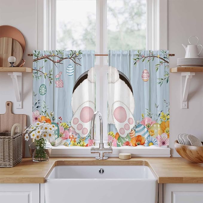Easter Kitchen Curtains 54 Inch Long 2 Panel Set,Rod Pocket Window Curtains Panels,Spring Watercolor Bunny Eggs Flower Wood Grain Blue Light Filtering Drapery Draperies for Bathroom 52"W x 54"L
