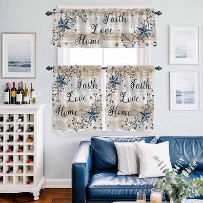Vintage Country Kitchen Curtains Set 3 Piece for Windows,Rod Pocket Valance and Tier Set 24 Inch Length,Blue Rustic Texas Star Vines Wooden Grain Light Filtering Cafe Curtains for Living Room