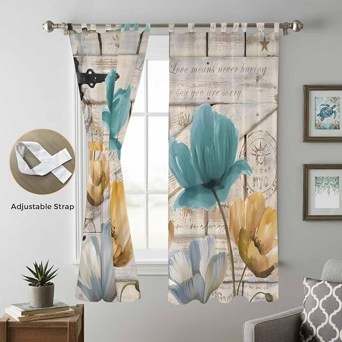 Watercolor Flowers Living Room Curtains 96 Inch Length, Window Curtains Tab Top, Vintage Tulips Floral Barn Doors Wood Grain Light Filtering Window Treatments Drapes 52"x96" 2 Panel