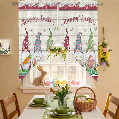 Swag Curtain,Happy Easter Gnomes with Eggs on Grass Kitchen Valances Rod Pocket Curtains Tier Pair Swag Topper,Spring Floral on Wood Barn 2 Panels Window Treatment for Bathroom Living Room Bedroom