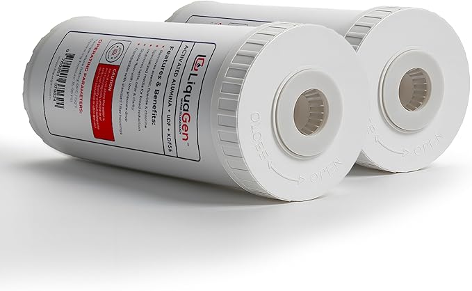 LiquaGen Activated Alumina + Carbon + KDF-55 Replacement Water Filter Cartridge – Helps Manage Fluoride, Chlorine & Taste, Refillable 2.5" x 10", 2.5" x 20", 4.5" x 10", 4.5" x 20" (2, 4.5" x 10")
