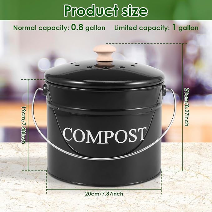 Kitchen Compost Bin 0.8 Gallon Metal Countertop Compost Bin with Lid and Handle, Smell Resistant Indoor Waste Bucket for Food Waste(Black,1)