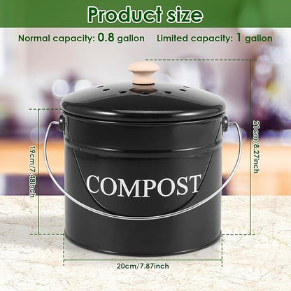 Kitchen Compost Bin 0.8 Gallon Metal Countertop Compost Bin with Lid and Handle, Smell Resistant Indoor Waste Bucket for Food Waste(Black,1)