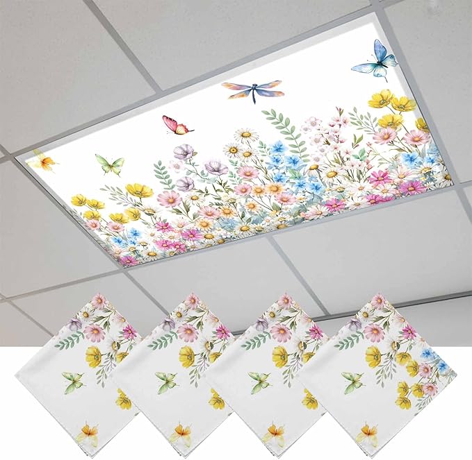 Fluorescent Light Covers for Ceiling Lights Spring Flowers Magnetic Light Filters 4 Pack 4x2 ft Daisy Butterflies Dragonfly Ceiling Lights Cover for Classroom Office School Home Drop Lamp Decor