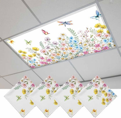 Fluorescent Light Covers for Ceiling Lights Spring Flowers Magnetic Light Filters 4 Pack 4x2 ft Daisy Butterflies Dragonfly Ceiling Lights Cover for Classroom Office School Home Drop Lamp Decor