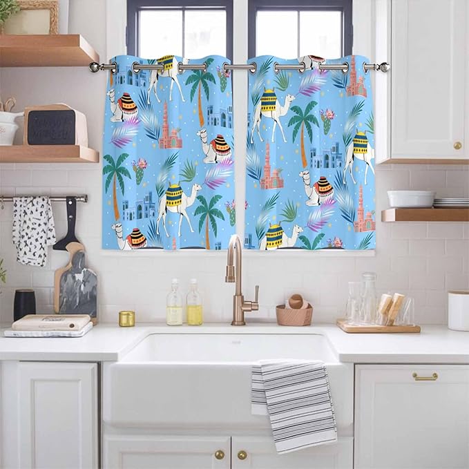 2 Panel Kitchen Cafe Curtains, Desert Landscape Sunlight Filtering Nature Air Through, Home Decor Window Covering Tier Curtains for Bedroom Living Room Cute Camels Palm Trees Houses Leaves Blue