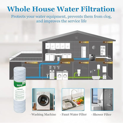 5 Micron String Wound Whole House Water Filter 10" x 2.5", 10-inch Universal Sediment Pre-Filters for Well Water, Replacement Cartridge for FXWSC, CW-F, CW-MF, 1SS, W5W, AO-WH-PRE-R2, 6-Pack