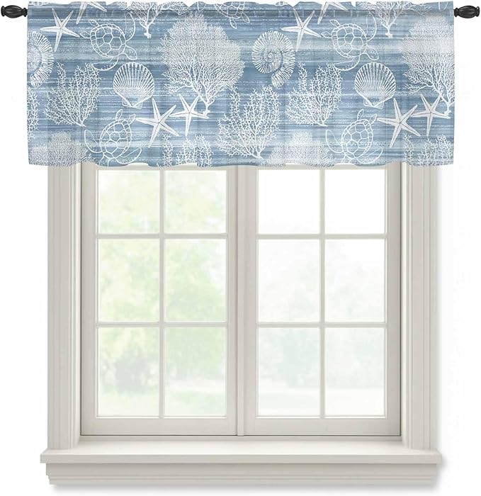 Haze Blue Retro Summer Sheer Valance Curtains, Sea Turtle Starfish Coral Ocean Light Filtering Kitchen Valances Rod Pocket Voile Curtain Window Treatment for Bedroom/Living Room/Basement 42Wx12L